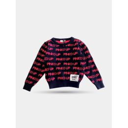Maglione Pinko nero con scritte Pinko Up rosse, vista frontale