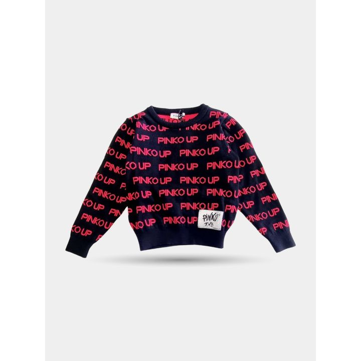 Maglione Pinko nero con scritte Pinko Up rosse, vista frontale
