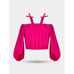 Blusa Pinko crop rosa con spalline a fiocco e maniche a sbuffo, vista frontale
