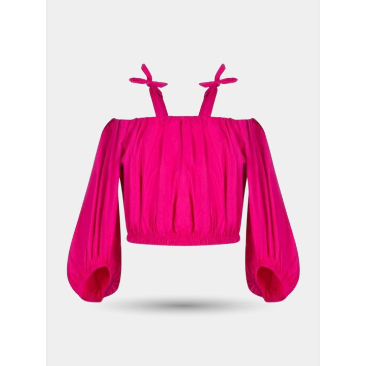 Blusa Pinko crop rosa con spalline a fiocco e maniche a sbuffo, vista frontale