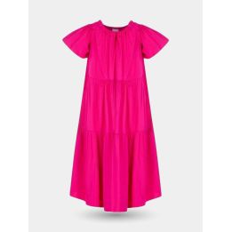 Abito Pinko fucsia lungo a balze con maniche corte, vista frontale
