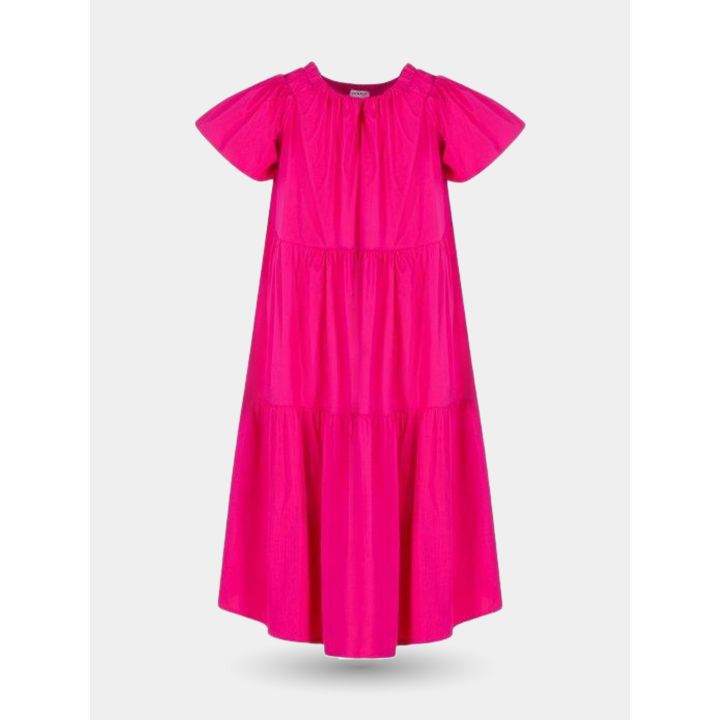 Abito Pinko fucsia lungo a balze con maniche corte, vista frontale