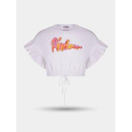 T-shirt crop Pinko bianca con maniche a volant e coulisse sul fondo, vista frontale