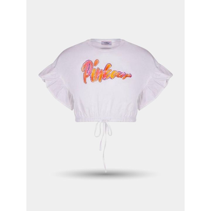 T-shirt crop Pinko bianca con maniche a volant e coulisse sul fondo, vista frontale