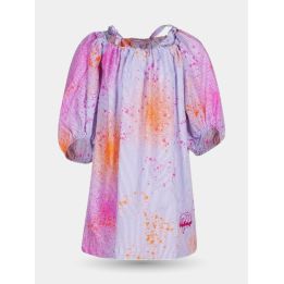 Abito Pinko a righe lilla con schizzi di colore fucsia e arancio, vista frontale