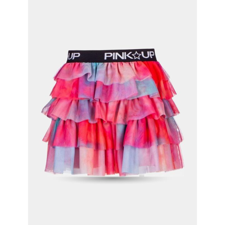 Gonna Pinko in tulle a balze multicolore con fascia elastica nera, vista frontale