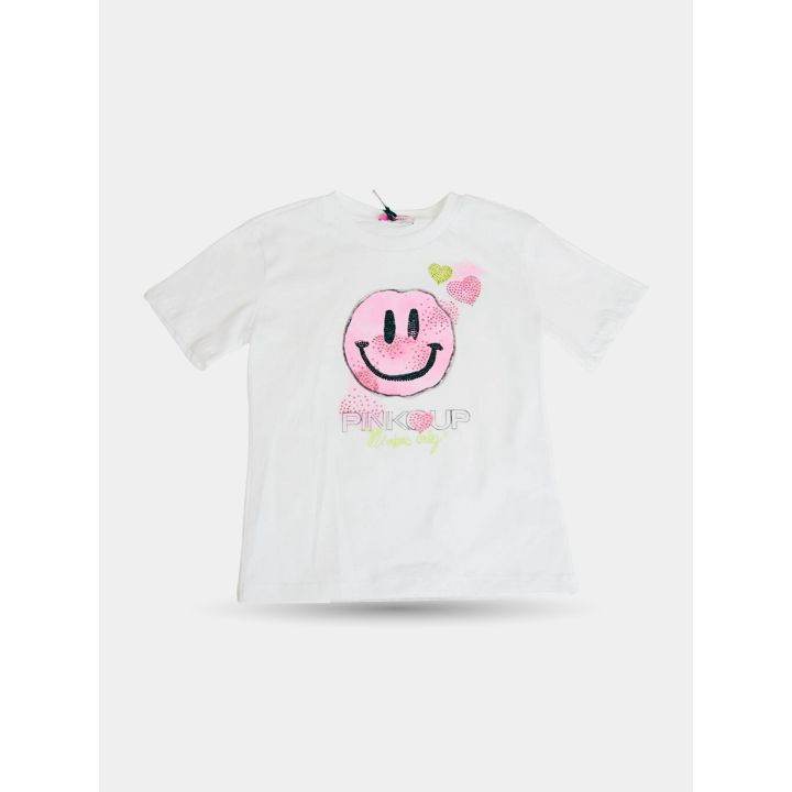T-shirt bianca del completo Pinko con smile rosa, cuori e logo Pinko Up