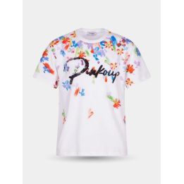 T-shirt Pinko bianca a maniche corte con fiori dipinti e logo nero, vista frontale