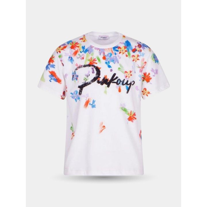 T-shirt Pinko bianca a maniche corte con fiori dipinti e logo nero, vista frontale