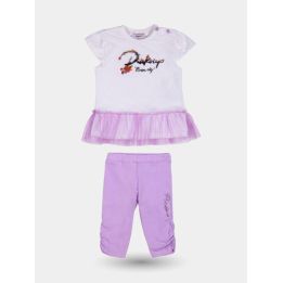 Completo Pinko lilla con t-shirt a balza in tulle e leggings, vista frontale