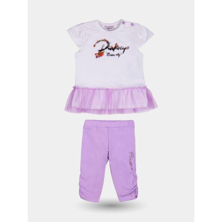 Completo Pinko lilla con t-shirt a balza in tulle e leggings, vista frontale