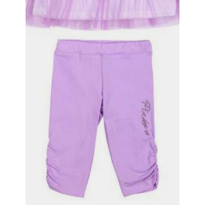 Leggings lilla con arricciatura sul fondo e logo in brillantini