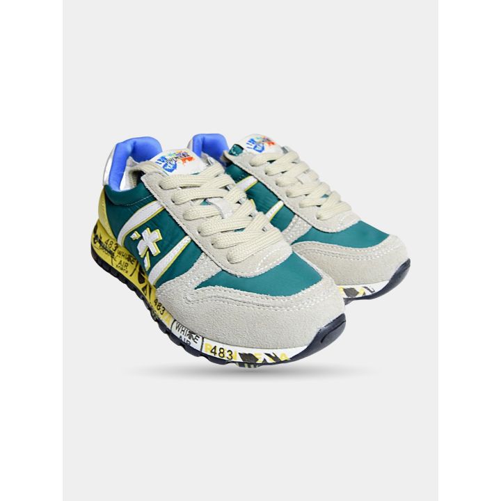 Paio di sneakers Premiata verdi e gialle viste di fronte