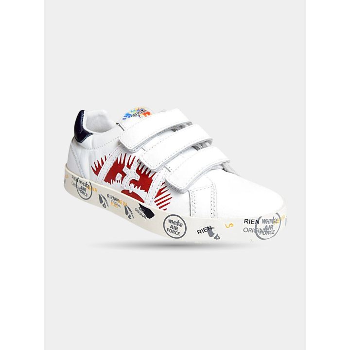 Sneakers Premiata bianche con grafica rossa, lato esterno