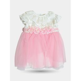 Abito da cerimonia Aletta rosa con paillettes e cintura di fiori, vista frontale