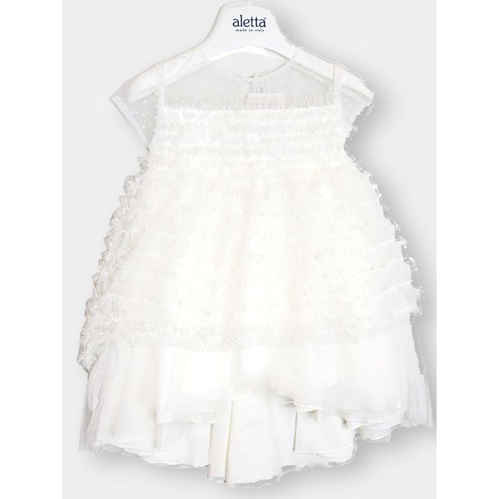 Abito da cerimonia Aletta bianco con ruches di tulle, vista frontale