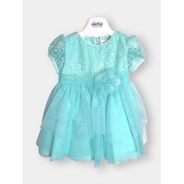 Abito da cerimonia Aletta color tiffany con ricami e fiore di tulle, vista frontale