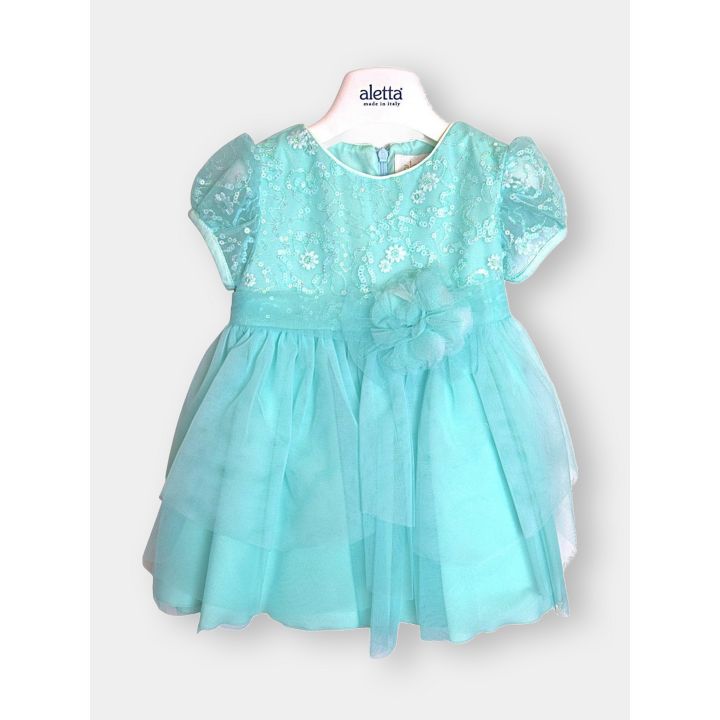 Abito da cerimonia Aletta color tiffany con ricami e fiore di tulle, vista frontale