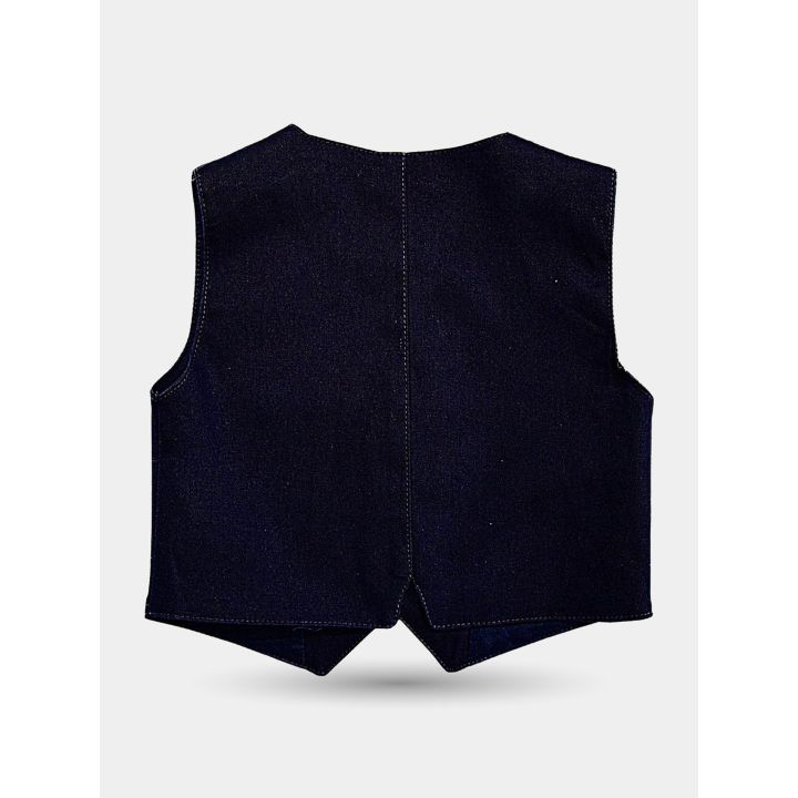 Retro del gilet blu con cucitura centrale e piccolo spacco sul fondo