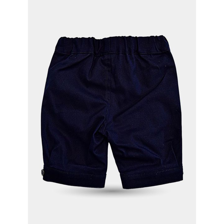 Retro dei pantaloni blu con vita elasticata e cinturini al fondo gamba