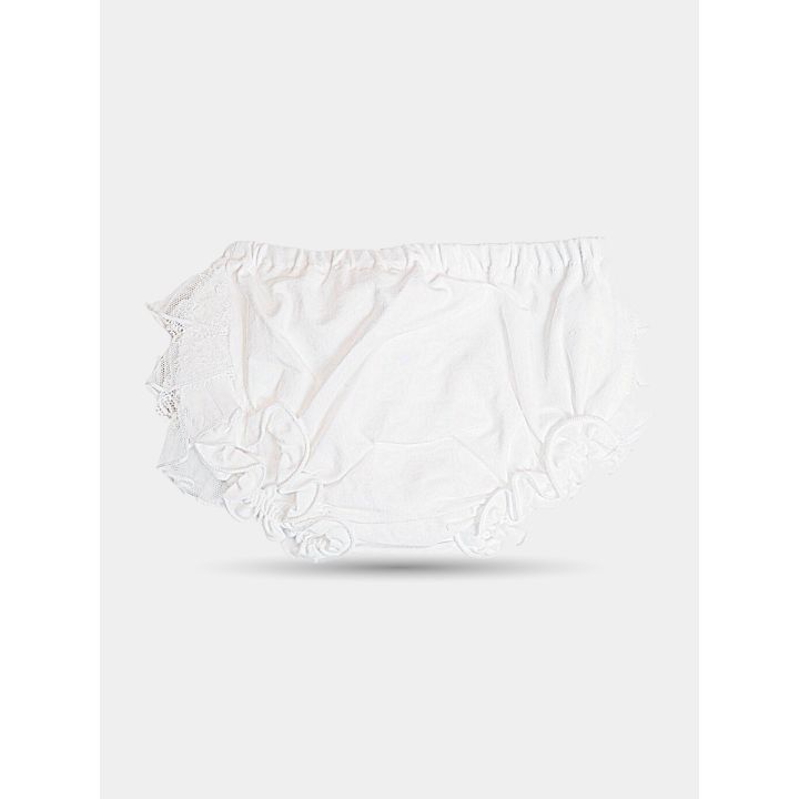 Davanti della culotte bianca con vita elastica e gambe arricciate