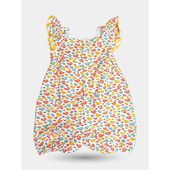 Retro della tutina a pesciolini con elastico sulle gambe