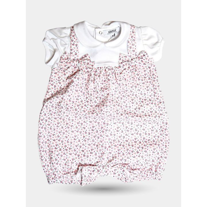 Tutina corta Aletta a fiorellini rosa con colletto bianco, vista frontale