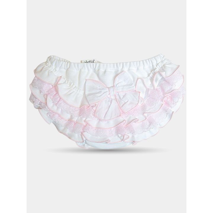 Coulotte Aletta bianca da neonata con balze rosa e fiocco sul retro