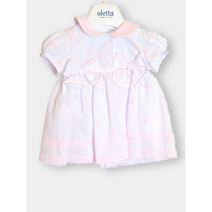 Vestito neonata Aletta bianco con ricami rosa e due fiocchi, vista frontale