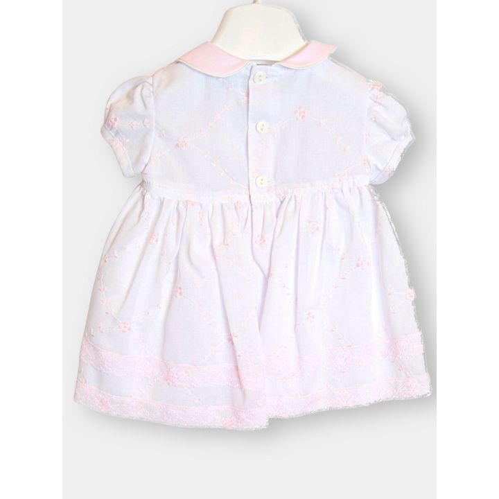 Retro del vestito bianco ricamato con bottoncini e colletto rosa
