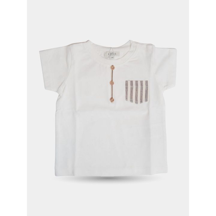 T-shirt Aletta bianca da bambino con taschino a righe vista frontale