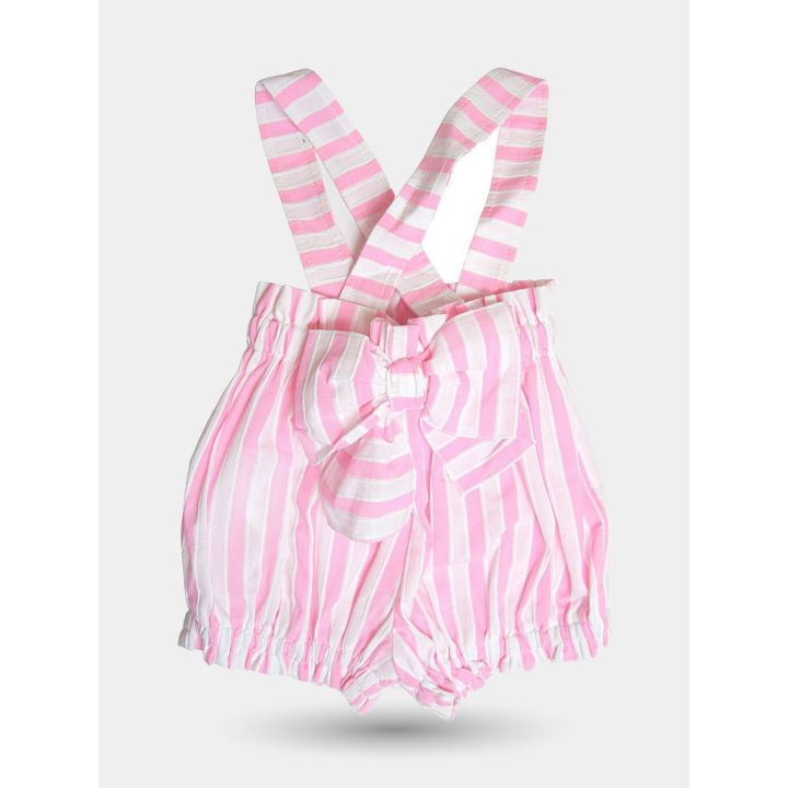 Pantaloncini Aletta a righe rosa e bianche con bretelle e fiocco, davanti