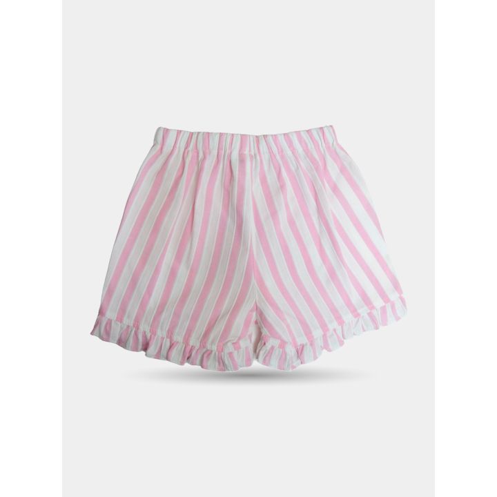 Retro dei pantaloncini a righe rosa con elastico in vita e volant