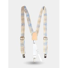 Bretelle Aletta beige a quadri azzurri con linguetta color cuoio e clip in metallo