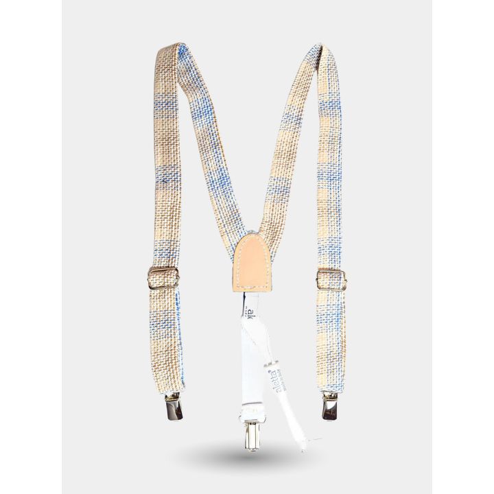 Bretelle Aletta beige a quadri azzurri con linguetta color cuoio e clip in metallo