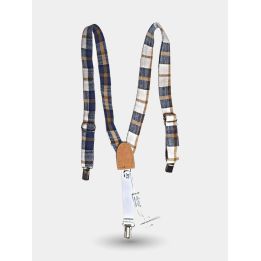 Bretelle Aletta a quadri scozzesi blu, panna e cammello con clip in metallo