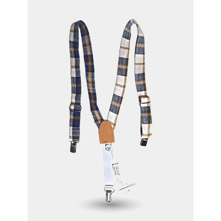 Bretelle Aletta a quadri scozzesi blu, panna e cammello con clip in metallo