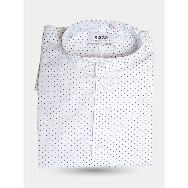 Camicia Aletta bianca a pois blu con collo coreano, piegata