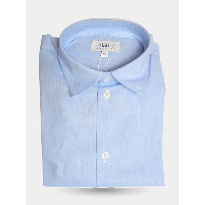 Camicia Aletta celeste in cotone e lino con colletto classico, piegata