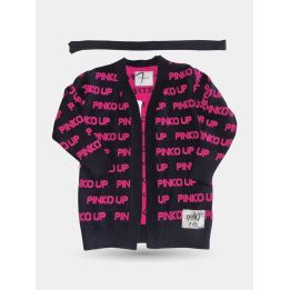 Cardigan Pinko nero lungo con scritte fucsia e cintura, vista frontale