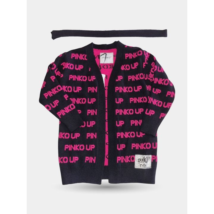 Cardigan Pinko nero lungo con scritte fucsia e cintura, vista frontale