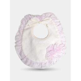 Bavaglio Aletta bianco panna da neonata con balza di pizzo rosa e rosa applicata