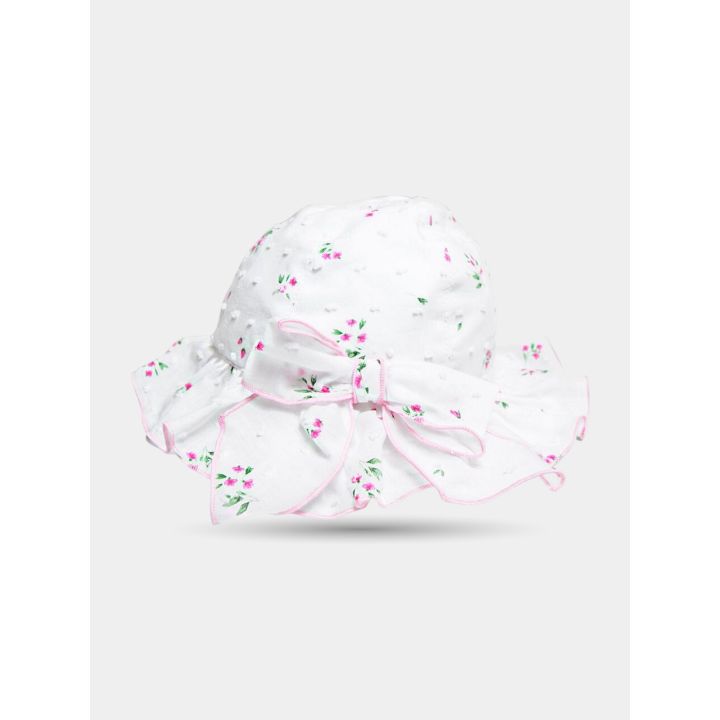 Cappello Aletta bianco da neonata con fiorellini rosa e verdi e fiocco