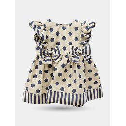 Vestito neonata Aletta beige a pois blu con fiocchi a righe, vista frontale