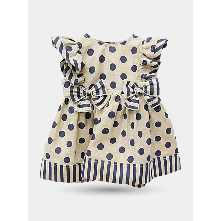 Vestito neonata Aletta beige a pois blu con fiocchi a righe, vista frontale