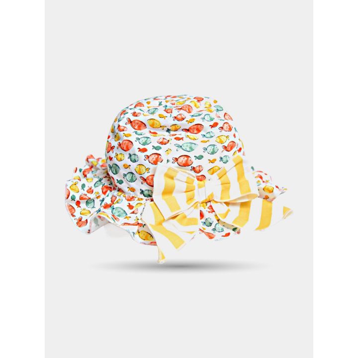 Cappello Aletta a pesciolini colorati da neonata con fiocco a righe gialle
