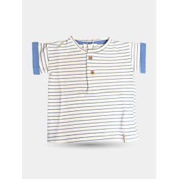 T-shirt Aletta beige a righe azzurre da neonato con bottoncini, davanti