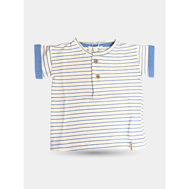T-shirt Aletta beige a righe azzurre da neonato con bottoncini, davanti