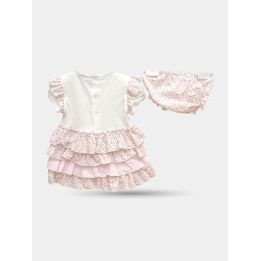 Retro del vestito Aletta rosa a balze con bottoncini e coulotte a fiori