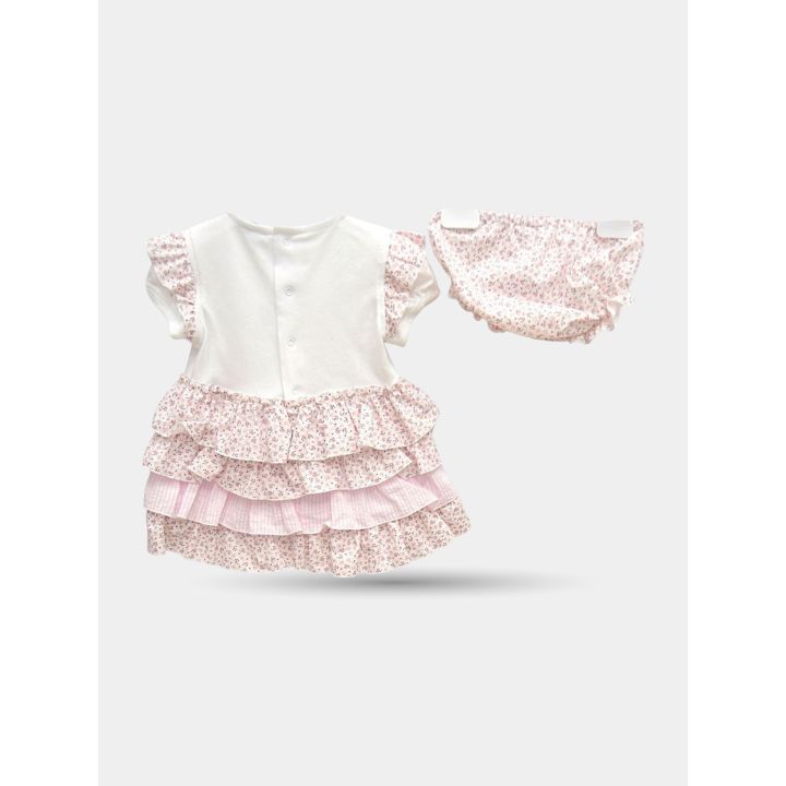 Retro del vestito Aletta rosa a balze con bottoncini e coulotte a fiori
